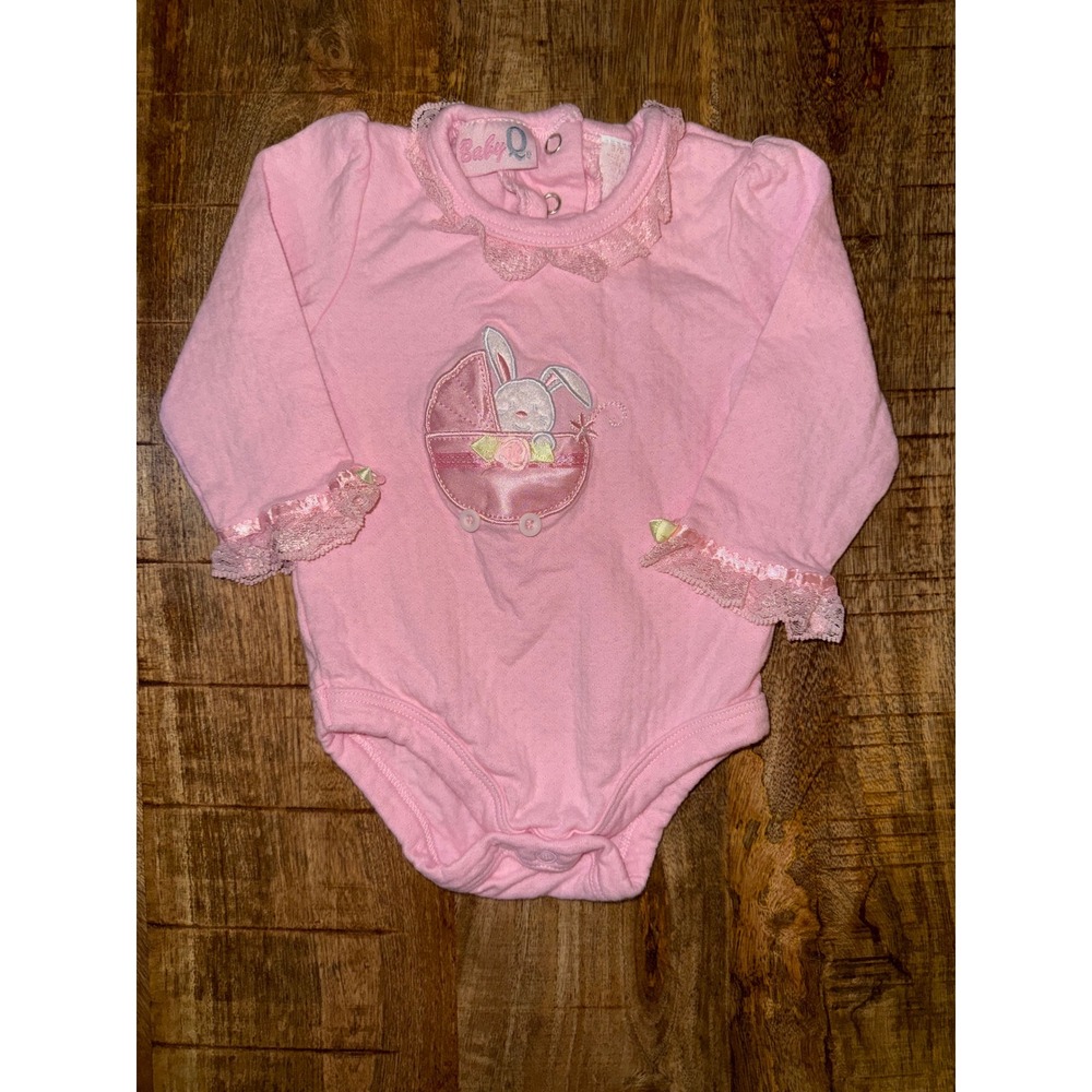 Baby Q Pink Bunny Carriage Lace Trim Long Sleeve Bodysuit 3-6 Months